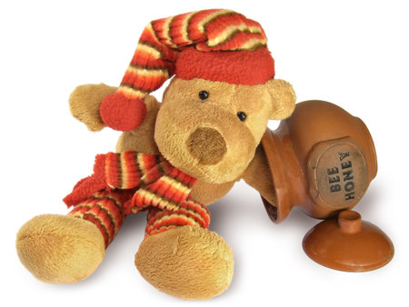 Teddy bear looking for something in the honey pot.の写真素材