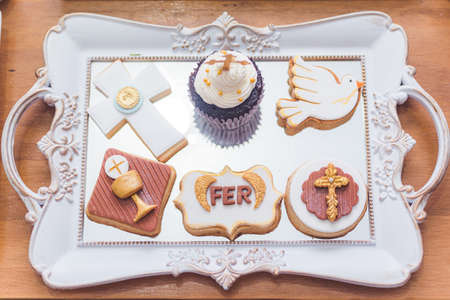 birthday decoration, cookies, sweets, cake, chocolate, cupcake, snacks, flowers, religion conceptの写真素材