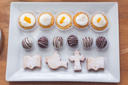 kids birthday decoration, cookies, sweets, cake, chocolate, cupcake, snacks, flowers, religion conceptの写真素材