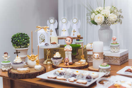 kids birthday decoration, cookies, sweets, cake, chocolate, cupcake, snacks, flowers, religion conceptの写真素材