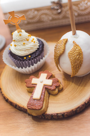 birthday decoration, cookies, sweets, cake, chocolate, cupcake, snacks, flowers, religion concept
