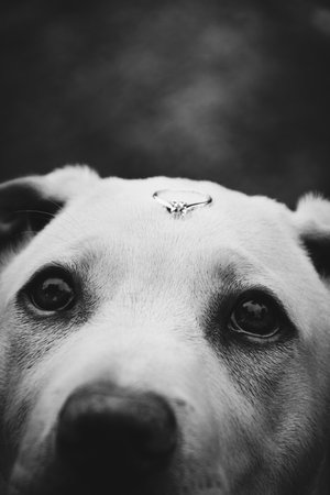 Cute white dog with a wedding ring on his head Wedding concept Pets indoors black and white portraitの写真素材