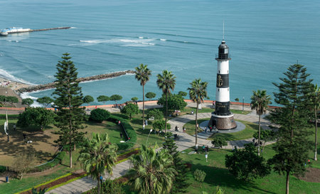 Lighthouse on the sea, Maritime view of Lima Mirafloresの写真素材