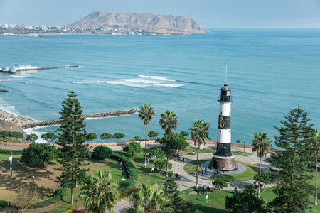 Lighthouse on the sea, Maritime view of Lima Mirafloresの写真素材