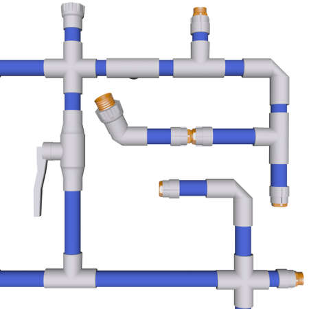 Pipes connected Fittings pvc system sewerage on white bakground 3dの写真素材