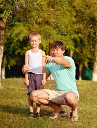 Family Father Man and Son Boy Child playing Outdoor Happiness emotion with summer nature on backgroundの写真素材