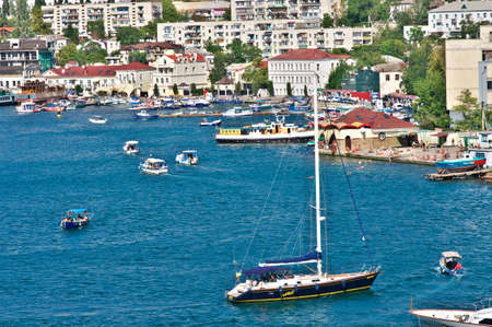 BALAKLAVA, CRIMEA, UKRAINE - Bay with Yacht boats and seaside view townのeditorial素材