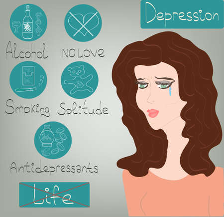 Woman Depression mental health concept with sad girl face need psychotherapy help and icons set with problems in vectorのイラスト素材