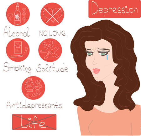 Woman Depression mental health concept with sad girl face need psychotherapy help and icons set with problems on white background in vectorのイラスト素材