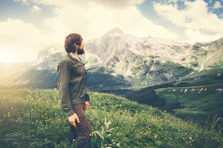 Man Traveler hiking Travel Lifestyle concept beautiful mountains landscape on background Summer journey adventure vacations outdoorの写真素材
