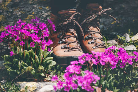 Feet trekking boots at pink flowers valley Travel Lifestyle adventure summer vacations outdoor conceptの写真素材