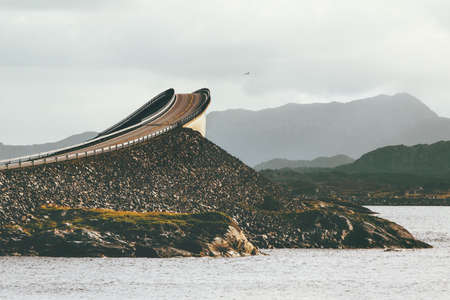 Atlantic road Storseisundet bridge over ocean way to clouds Norway travel landmarksの写真素材