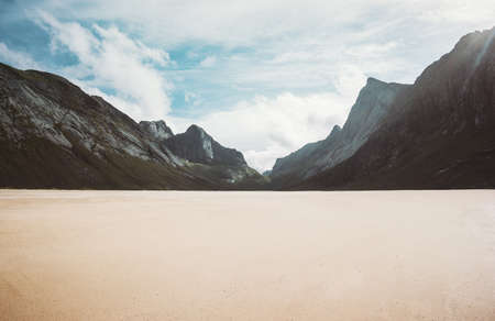 Horseid sandy beach in Norway mountains Landscape Lofoten islands wild scenic view Summer Travel scandinavian wild nature scenery minimal styleの写真素材
