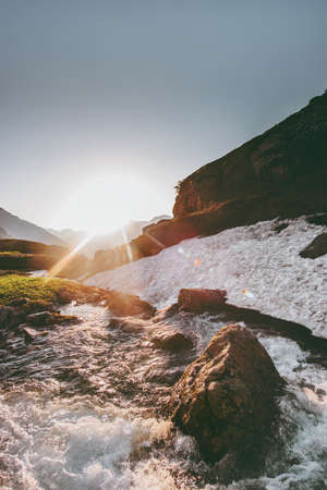 Morning sunrise over river in mountains Landscape summer Travel wild nature の写真素材