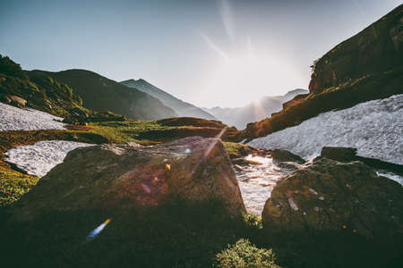 Morning sun light mountains Landscape summer Travel serene scenic viewの写真素材
