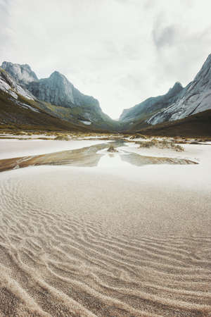 Landscape Horseid Beach in Norway Lofoten islands scenic view wild travel scandinavian nature の写真素材
