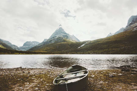 Innerdalen Mountains, lake and boat  Landscape in Norway Travel scenery scandinavian nature の写真素材