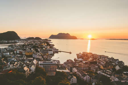 Alesund city in Norway. sunset over ocean. aerial viewの写真素材