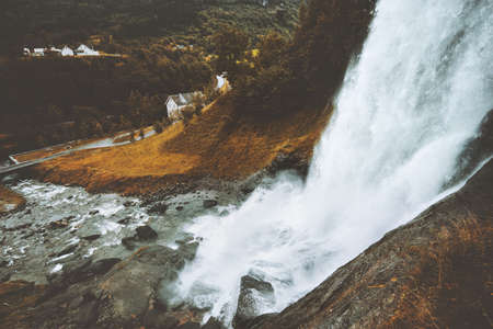 Waterfall Landscape in Norway mountains Travel serene scenic view scandinavian wild nature clear water ecology conceptの写真素材