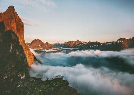 Landscape Segla Mountain over clouds and fjord sunset view in Norway Travel location scenic Senja islands の写真素材
