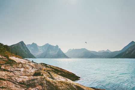 Mountains and sea landscape in Norway Travel vacations idyllic summer scenery Senja islands の写真素材
