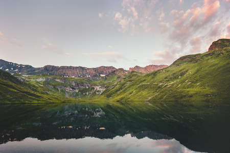 Landscape mountains and lake mirror reflection landscape Travel view serene sunset scenery wilderness nature summer  seasonの写真素材