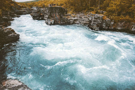 River Abiskojakka canyon landscape in Sweden Abisko national park travel view  wilderness nature scenery autumn seasonの写真素材