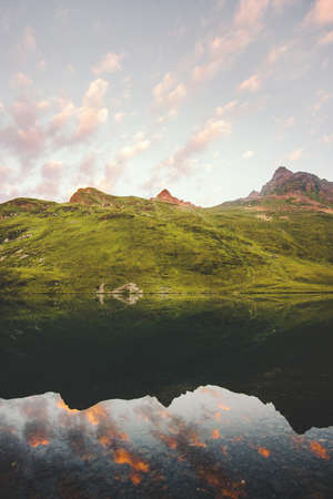 Landscape mountains and lake mirror reflection landscape Travel view serene sunset scenery wild nature summer  seasonの写真素材