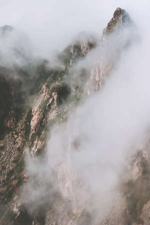 Foggy mountains landscape Travel aerial view wilderness nature tranquil moody sceneryの写真素材