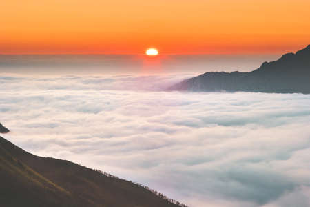Sunrise over mountains clouds aerial view  landscape in Norway Travel tranquil idyllic scenery の写真素材