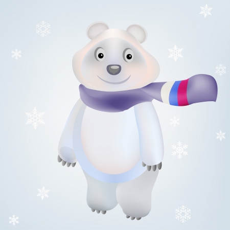   Smiling Polar Bear character with scarf russian flag and snowflakes on background winter season in vector のイラスト素材