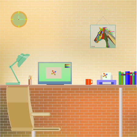 Flat Design of modern Office Interior with Computer screen, lamp, printer, books, cup, clock, horse picture and chair - Desktop elements in minimalistic style and trendy color in vectorのイラスト素材
