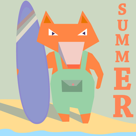 Fox surfer with board on beach seaside summer surfing sport recreation  flat vector illustrationのイラスト素材