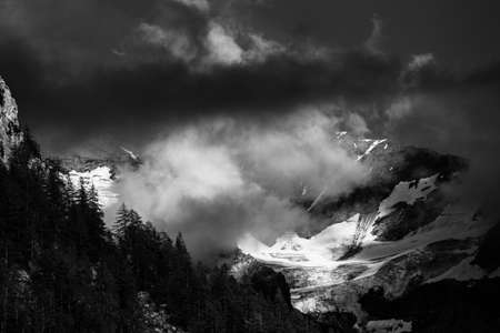 High contrast black and white photograph of the french alpsの写真素材