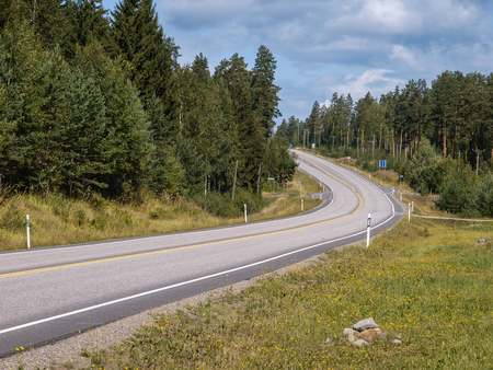 Curved road through the scandinavian forest in summerの写真素材