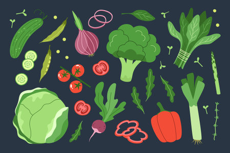 A set of flat vector icons of vegetables on a dark background. A title or banner with symbols of healthy food, organic products, diet, vegetarianism, and vitamins.のイラスト素材