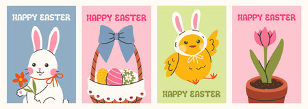 Cute set of Easter cards. Spring collection of animals, flowers and decorations. For poster, card, scrapbooking , stickerのイラスト素材