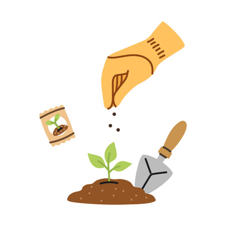 A human hand plants a seed in the ground.  Gardening and agricultureのイラスト素材