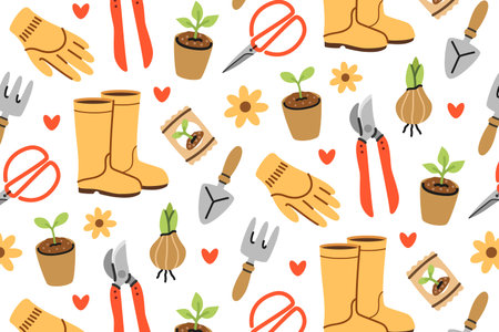 Seamless pattern on the theme of gardening with garden tools and flowering plants in a flat design style. Spring time and planting seedlings.のイラスト素材