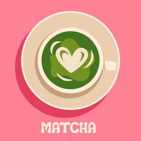 Hot matcha latte isolated on a pink background. Vector illustration.のイラスト素材