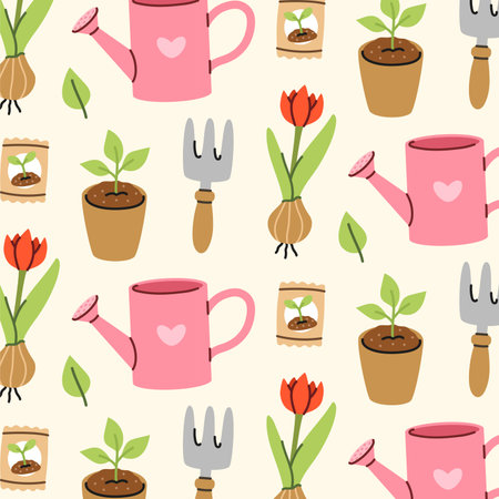 Seamless pattern Garden tools and plants. Concept gardening, a summer hobby. Seamless pattern concept of relaxing in the garden, summerのイラスト素材