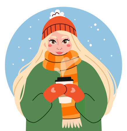 Cute cartoon girl in a warm clothes drinks coffee and enjoys winter.のイラスト素材