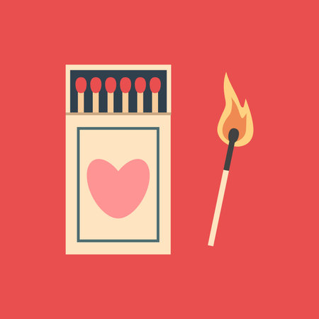 Burning match and a matchbox. Hand-drawn vector illustration on a white background. A matchbox with a heartのイラスト素材