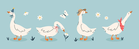Cute geese set on blue background. Goose character vector illustration. Funny white ducks in summer styleのイラスト素材