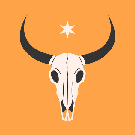 Cow skull. Cowboy western and wild west theme concept. Hand drawn vector illustration. Buffalo skull on yellow background.のイラスト素材