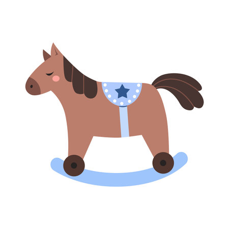 Funny rocking horse with a blue saddle. A toy for children. Fun and leisure for children. Sticker for social networks and messengers.のイラスト素材