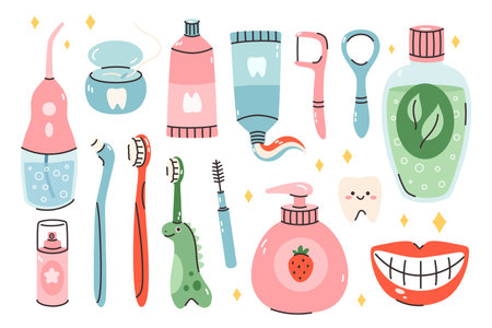 A set of vector illustrations for oral hygiene and dental care. A collection of toothpaste, mouthwash, interdental brushes, tongue cleaner, foam, irrigator, and other dental health tools.のイラスト素材
