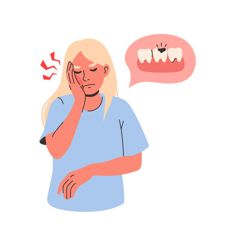 Unhappy young woman suffer from toothache need urgent dental treatment.のイラスト素材