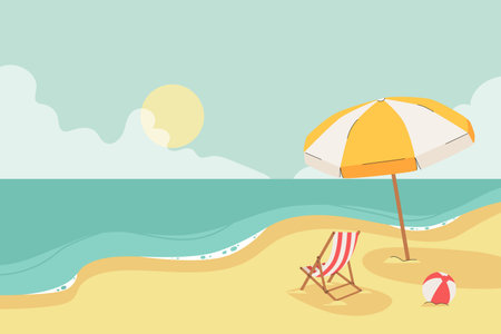 Beautiful Seascape. Deck chair and beach umbrella on the sand coast. Banner Seaside Holiday Vector Illustration.のイラスト素材