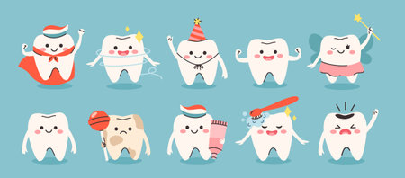 A set of tooth characters with different emotions. Pediatric dentistry. Cartoon detailed Illustrations. The concept for the personage of clinics, dentists, posters, signage, web sites.のイラスト素材